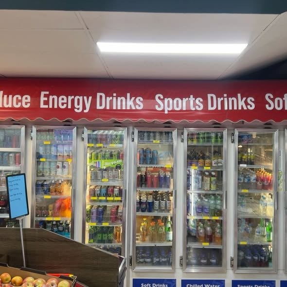 Convenience store retail drinks bay signage